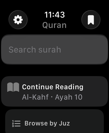 Home screen with surah search, Continue Reading Al-Kahf ayah 10, and Browse by Juz