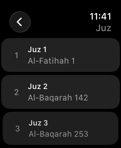 Juz list: Juz 1 Al-Fatihah 1, Juz 2 Al-Baqarah 142, Juz 3 Al-Baqarah 253