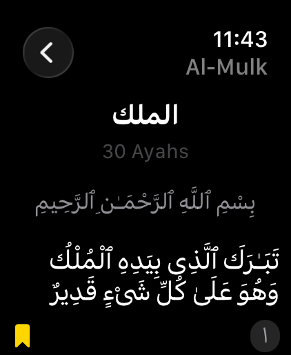 Surah Al-Mulk in Quran Wrist: surah name, 30 ayahs, the Bismillah, and the first ayah in Arabic